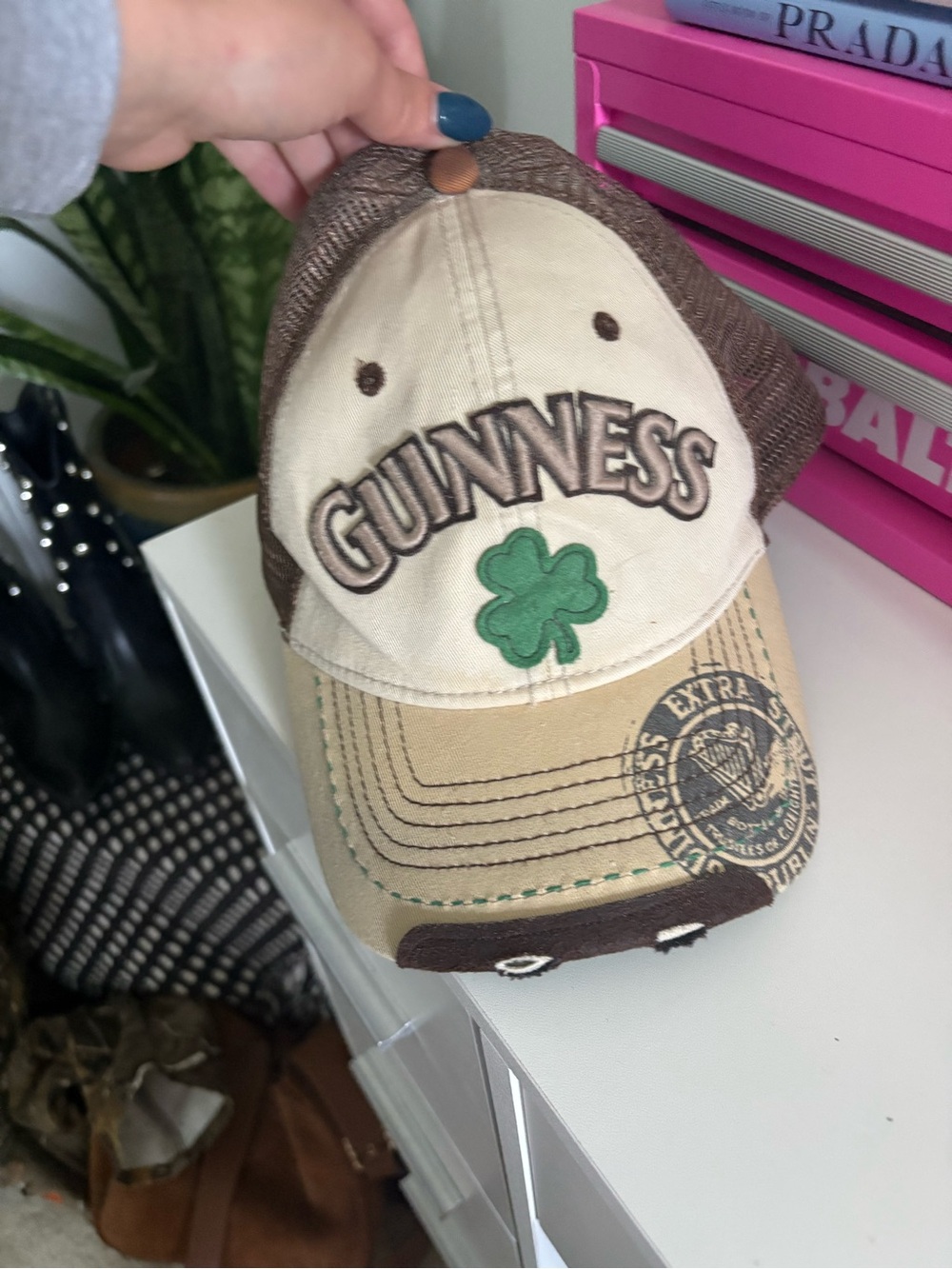 Guinness Brown, Cream & Green Embroidered Shamrock Trucker Hat